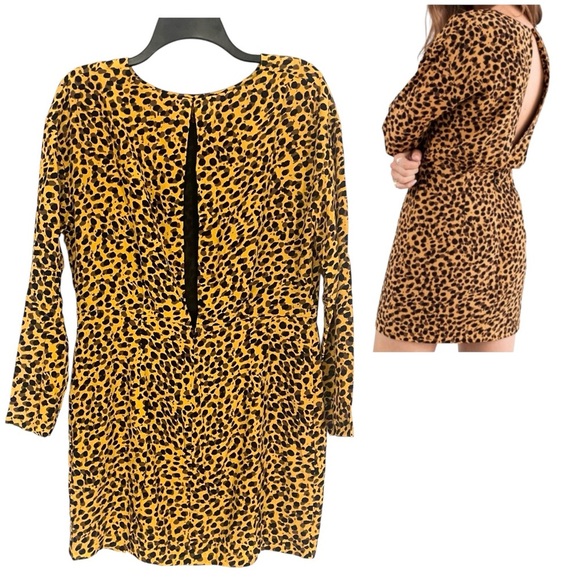 & Other Stories Long Sleeve Leopard Print Mini Dress Size 10 Gold Black Cheetah - Picture 2 of 7